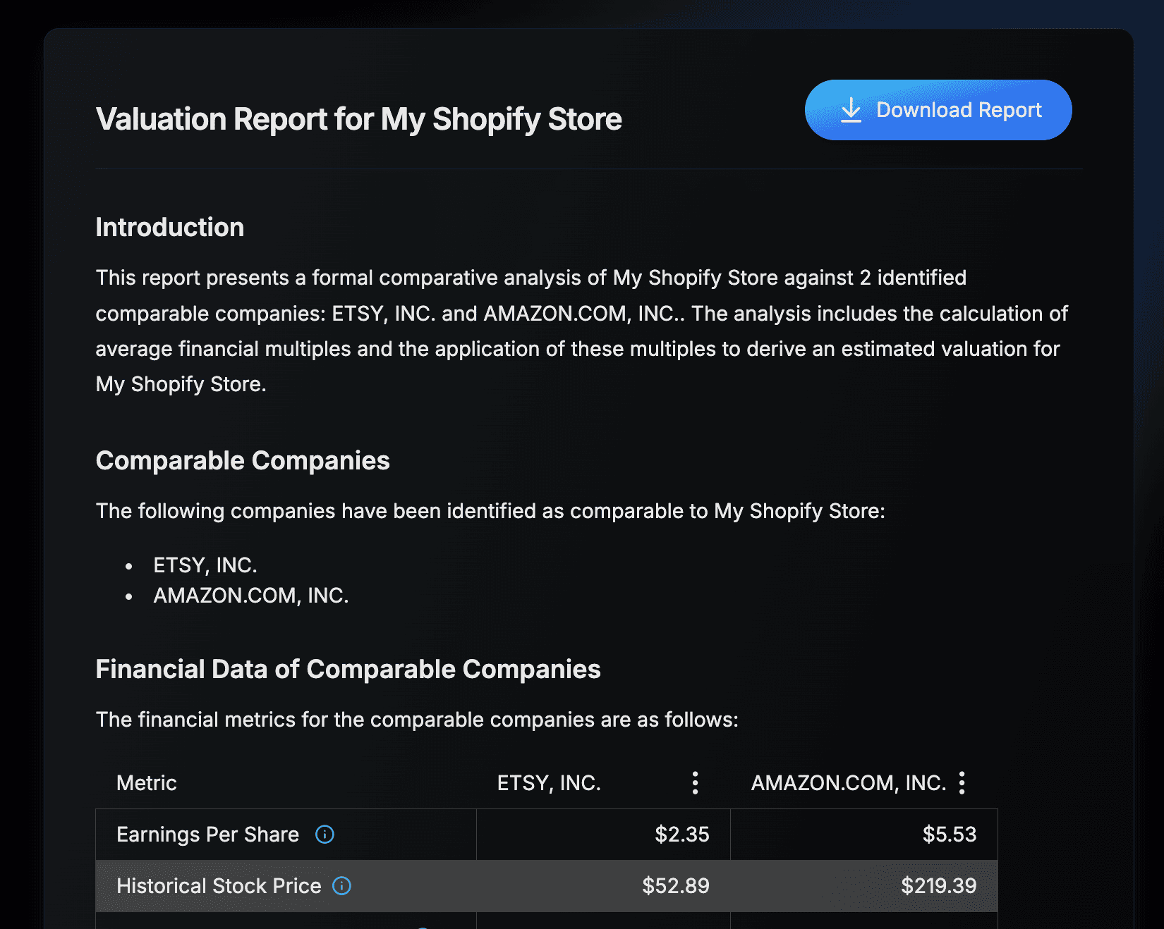 screenshot of comps table